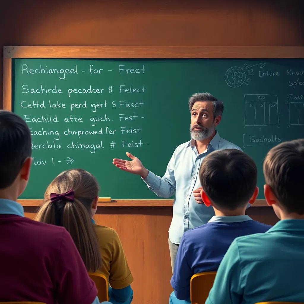 A teacher standing in front of a chalkboard, discussing with a concerned expression while students listen. The chalkboard is filled with words and drawings and students appear engaged, digital painting, educational, vibrant colors
