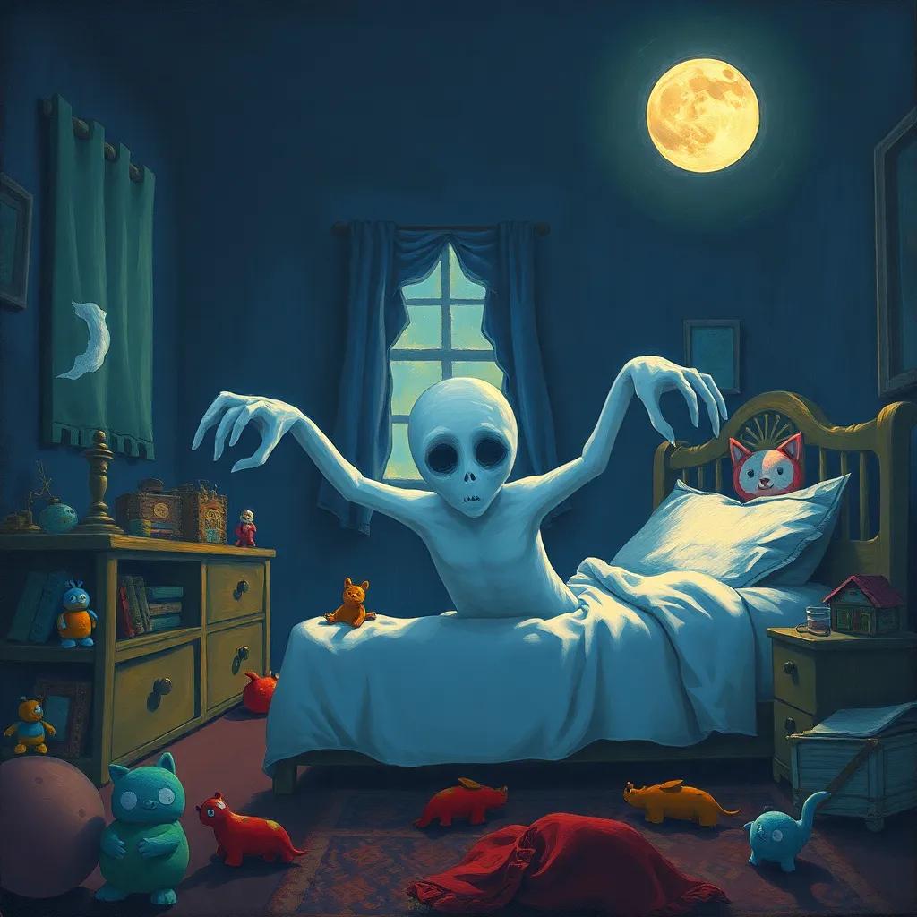 A shadowy figure with long, thin arms emerging from under the bed, with a pale, ghostly white skin, in a dark bedroom filled with toys and moonlight peeking through the window, illustration, spooky, mysterious, child-friendly, high quality