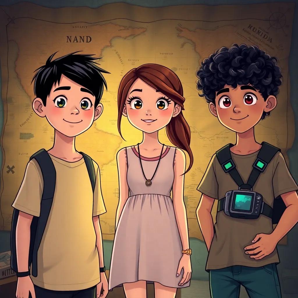 A group of friends, including Adam, a young boy with short black hair, Leila with long brown hair wearing a simple dress, and Walid with curly hair in a t-shirt, standing in front of an ancient map, illuminated by a soft glow, surrounded by strange gadgets, illustration, mysterious vibe, child-friendly