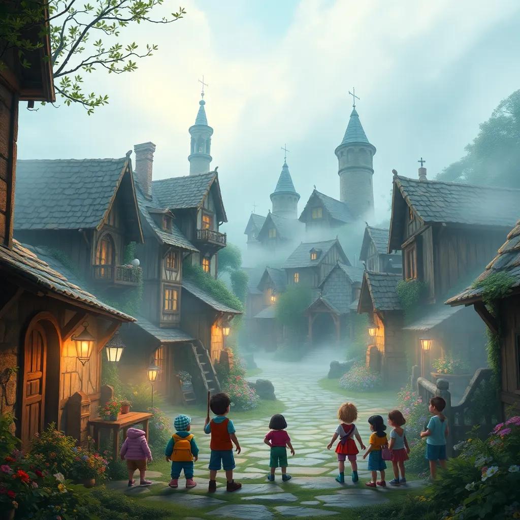A scenic old village shrouded in mist, with children gathered at its entrance, filled with curiosity and excitement, vibrant colors, child's perspective, engaging atmosphere, magical art