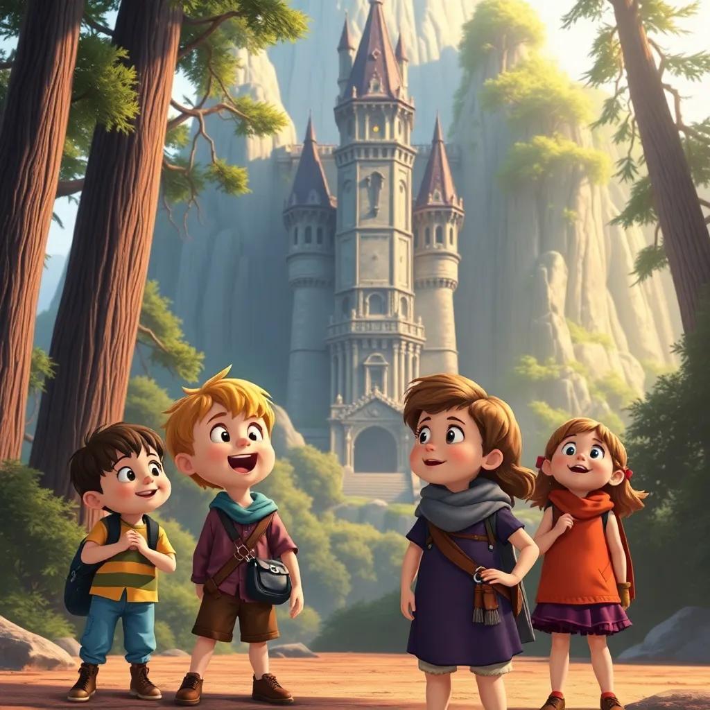 Children with excited expressions, standing before an ancient castle, light filtering through the tall trees, engaged in adventurous whispering, colorful attire, warm light, whimsical illustration