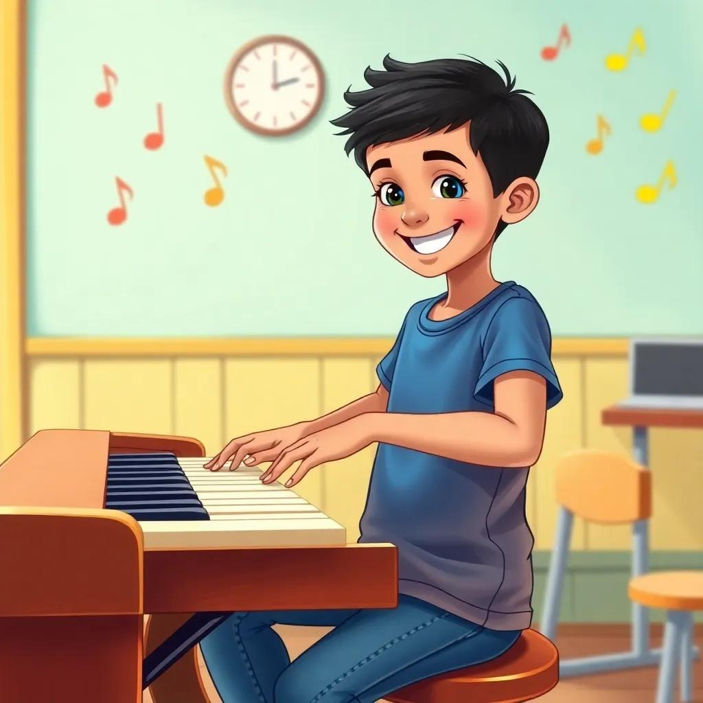 A young Arab boy, Sami, with short black hair, wearing a blue t-shirt and jeans, playing the xylophone with a big smile in a music classroom, surrounded by musical notes and bright colors, illustration, joyful and lively, child-friendly imagery, high quality
