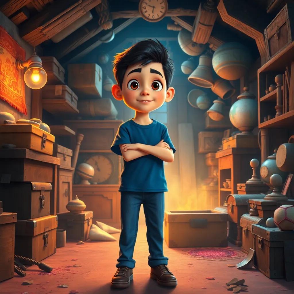 A boy named Sami, a Middle Eastern boy with short black hair, wearing a blue t-shirt and jeans, discovers a strange time machine in a dusty attic filled with old boxes and artifacts, warm lighting, digital art, colorful, adventurous atmosphere, high quality