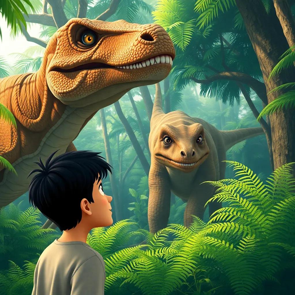 Sami, a Middle Eastern boy with short black hair, observing a giant dinosaur in a prehistoric jungle, surrounded by ferns and large trees, excitement and curiosity in his eyes, digital illustration, vibrant colors, dynamic scene, high quality