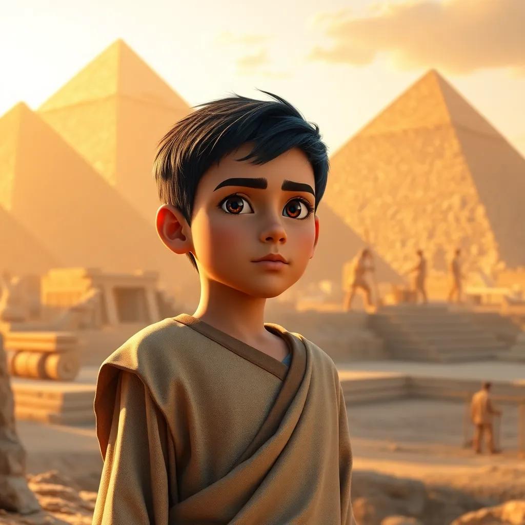 Sami, a Middle Eastern boy with short black hair, standing in front of ancient Egyptian pyramids, wearing a tunic, witnessing workers building a pyramid, historical setting, golden sunlight, detailed, majestic atmosphere, high quality
