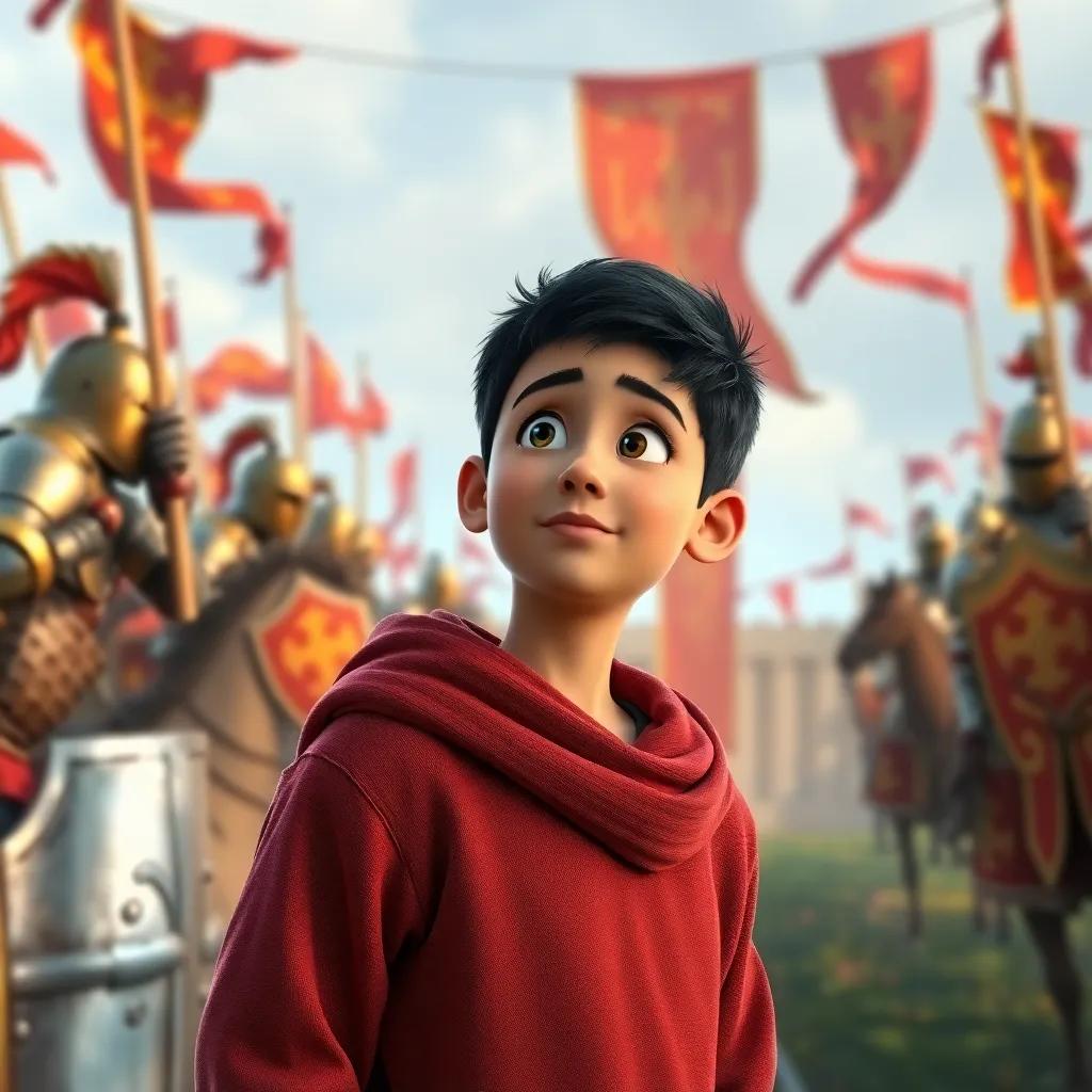 Sami, a Middle Eastern boy with short black hair, watching knights in shining armor jousting in a medieval setting, banners flying in the background, awe and inspiration on his face, colorful scene, digital art, engaging, high quality