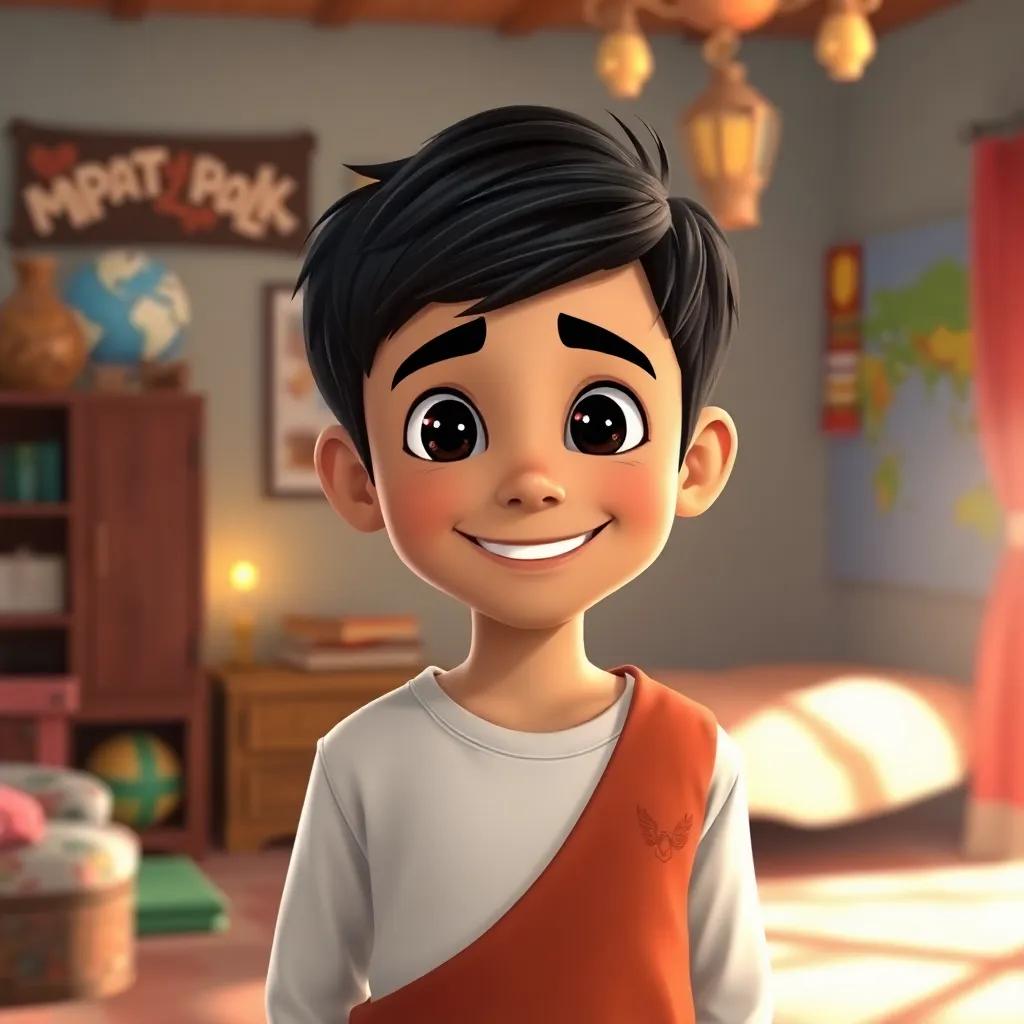 Sami, a Middle Eastern boy with short black hair, returning to his time with a big smile, standing in his room with memories from his travels, vibrant colors, warm light, heartwarming scene, high quality