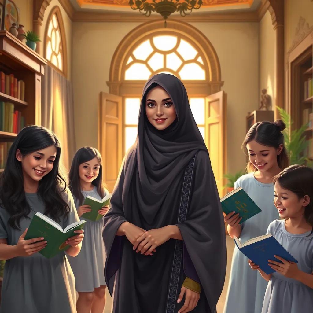 A young Qatari woman, Amina Mahmoud Al-Jida, with dark hair wearing a traditional thobe, standing in a sunny house, surrounded by happy young girls reading books, lively and inviting atmosphere, warm colors, digital art, high quality