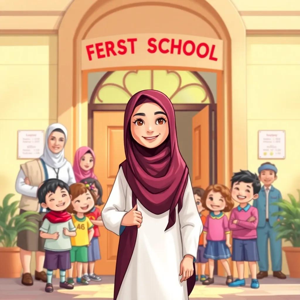 Amina Mahmoud Al-Jida, a young Qatari woman with dark hair in a traditional thobe, standing proudly at the entrance of her first school, smiling teachers and students around her, cheerful colors, bright daylight, digital illustration, child-friendly quality