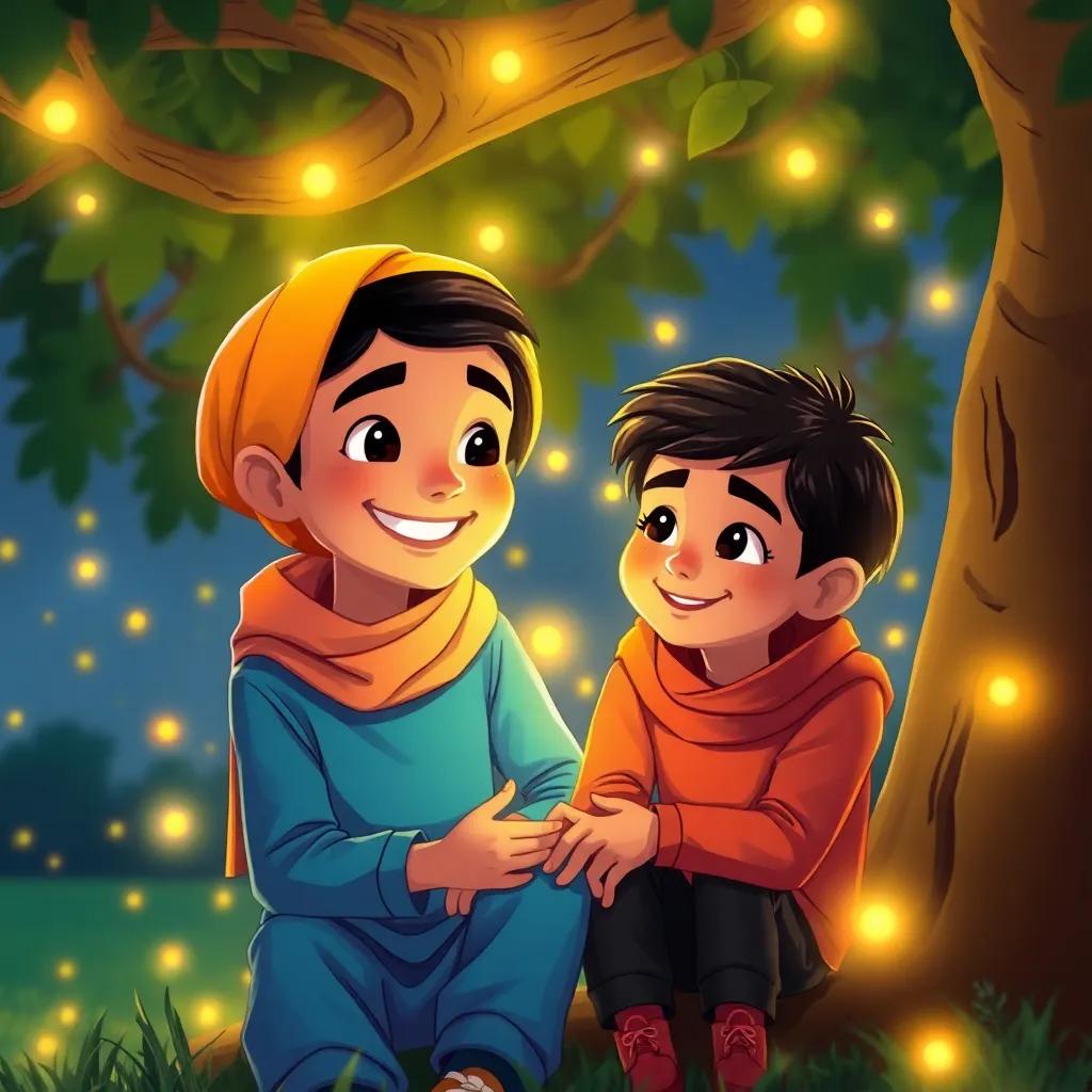 A young Arab boy, سعيد, wearing a bright headscarf and casual clothes, with a big smile, listening to his friend, under a tree with glowing fireflies surrounding them, cozy illustration, cheerful, inviting scene, high quality