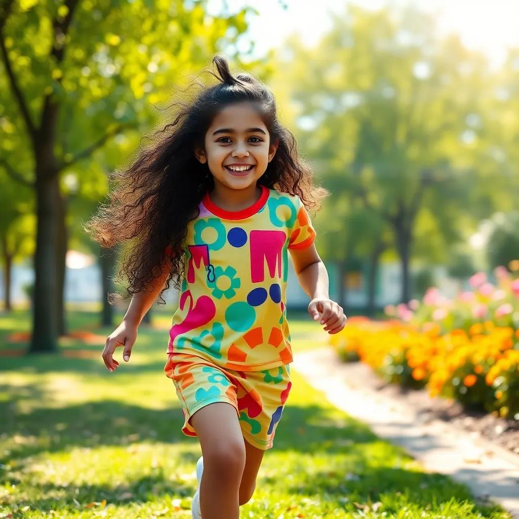 A young Arab girl, آية, with long, curly hair, wearing a colorful t-shirt and shorts, running joyfully in a park with trees and flowers, digital art, vibrant colors, sunny day, cheerful atmosphere, high quality