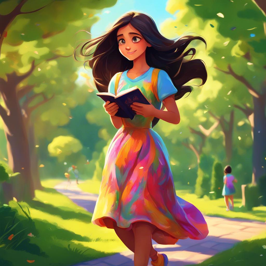 A beautiful young girl, Ayah, with long dark hair and bright eyes, wearing a colorful dress, holding a book while running in a green park filled with trees, digital art, cheerful, lively colors, bright sunlight, high quality