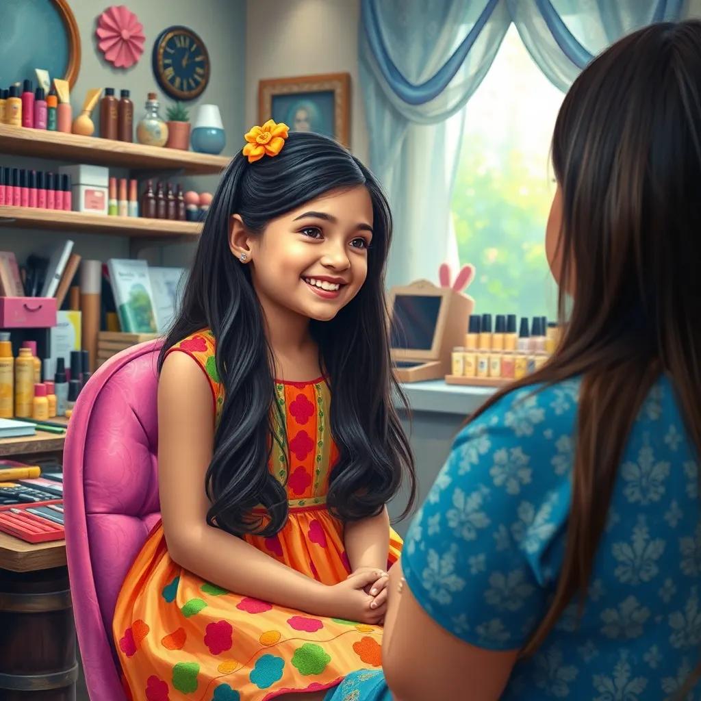 A young girl named Ayah, with long dark hair wearing a colorful dress, sitting in a room filled with makeup, smiling happily as she talks to her mother, bright colors, cozy atmosphere, child-friendly scene, high quality