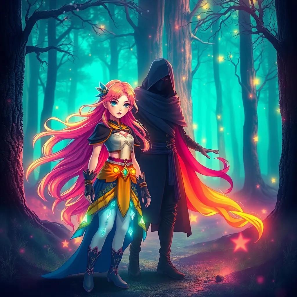 A brave girl, Kira, with bright, flowing hair, wearing a luminous outfit, standing with a mysterious boy, Zain, who is dressed in dark attire, shadows swirling around him, in a forest with glowing trees, digital art, vibrant colors, mystical atmosphere, high quality