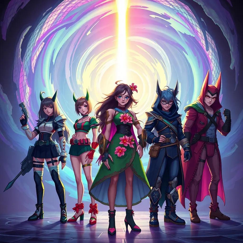 A group of diverse heroes including Kira, Zain, Tiko with high-tech gadgets, Luna in a green dress with flowers, and Raf with a powerful stance, standing together in front of a swirling dimensional rift, colorful, heroic lighting, epic scene, fantasy