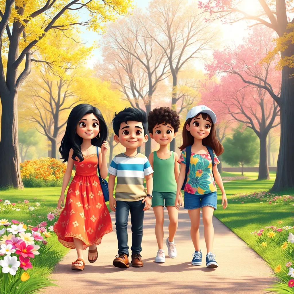 A sunny spring day in a vibrant park filled with flowers and tall trees, four friends, Maryam a young Arab girl with long dark hair wearing a bright dress, Adel a young Arab boy with short black hair in a t-shirt and jeans, Sara a young Arab girl with curly hair in a colorful top, and Youssef a young Arab boy with straight hair wearing shorts and a cap, happily walking towards the park, digital art, bright colors, cheerful atmosphere, high quality