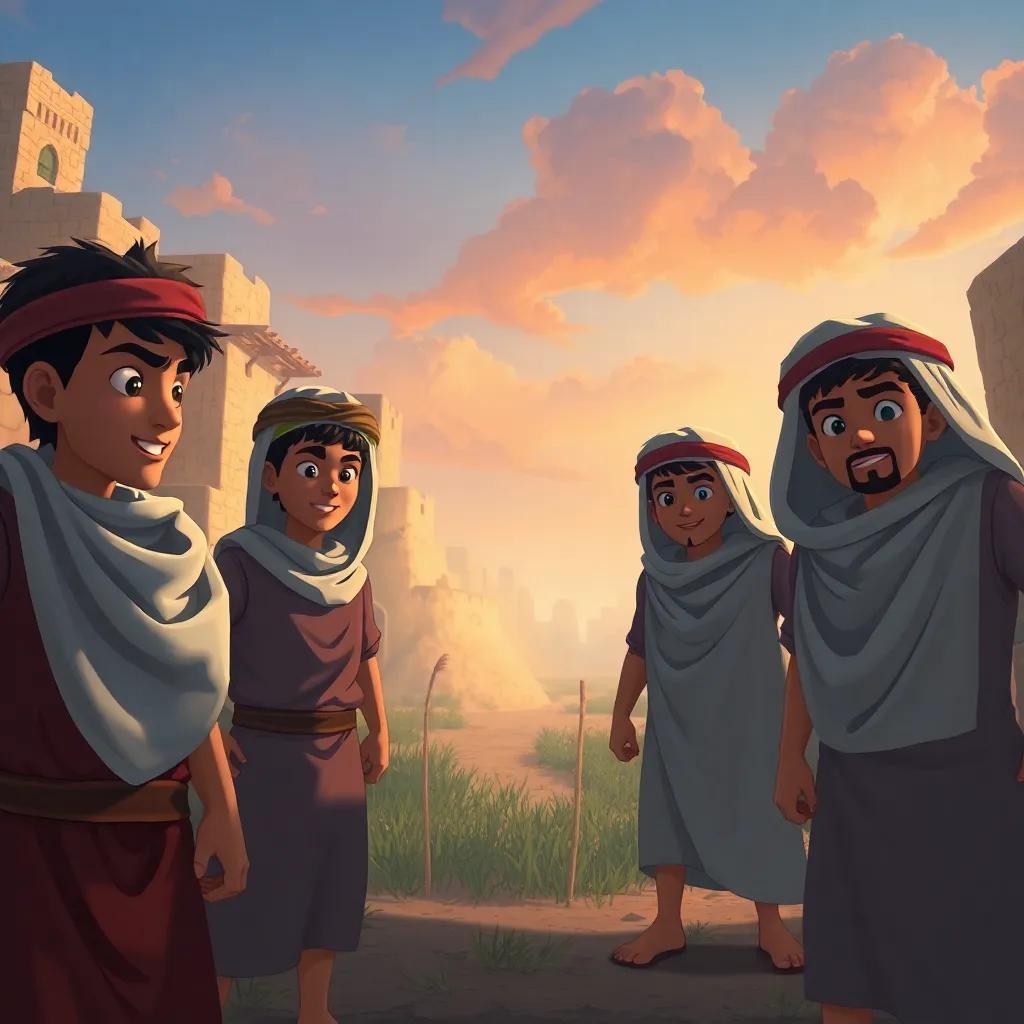 A group of brave Arab boys in a small village, united and determined to fight against oppression, digital art, warm colors, lively atmosphere, high quality