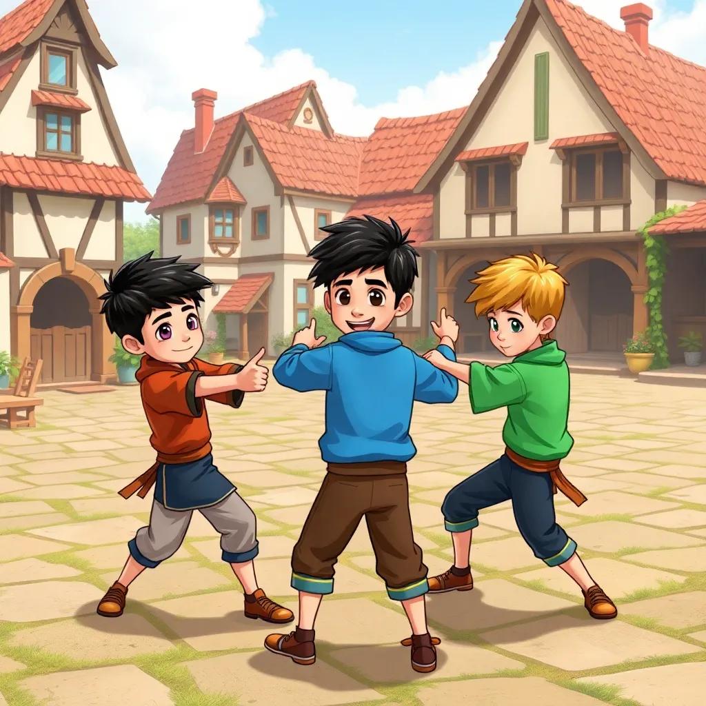 The boys training together in the village square, practicing combat techniques, showing camaraderie and confidence, colorful illustration, cheerful setting, child-friendly
