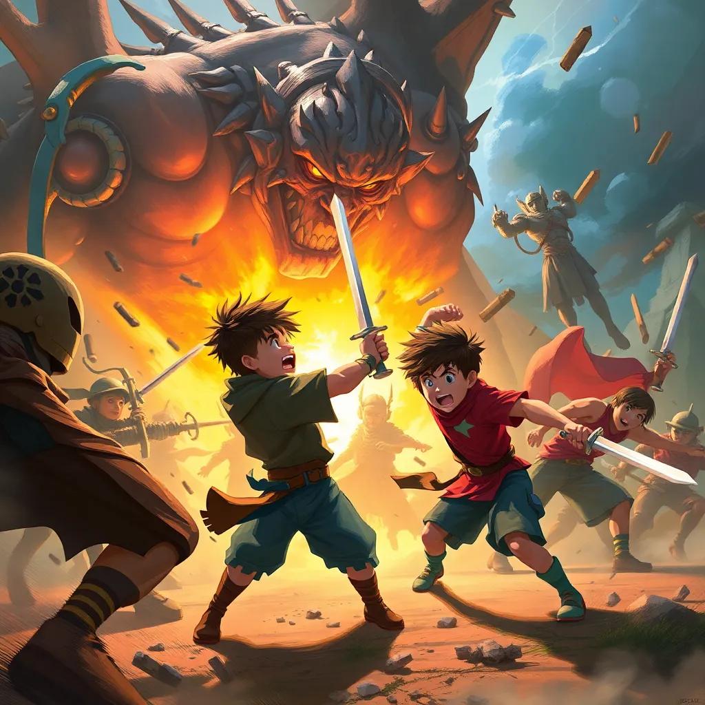 A fierce battle scene with the boys bravely confronting the oppressors, a dynamic clash of courage and strength, detailed digital painting, intense colors, heroic essence