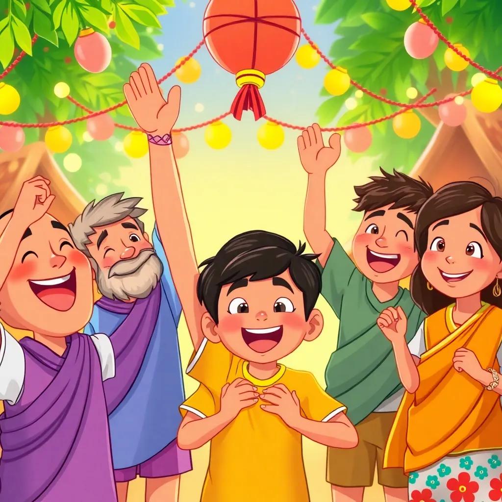 The villagers celebrating the boys' victory, with joyful expressions and colorful decorations, a festive atmosphere full of happiness and pride, vibrant illustration, heartwarming moment