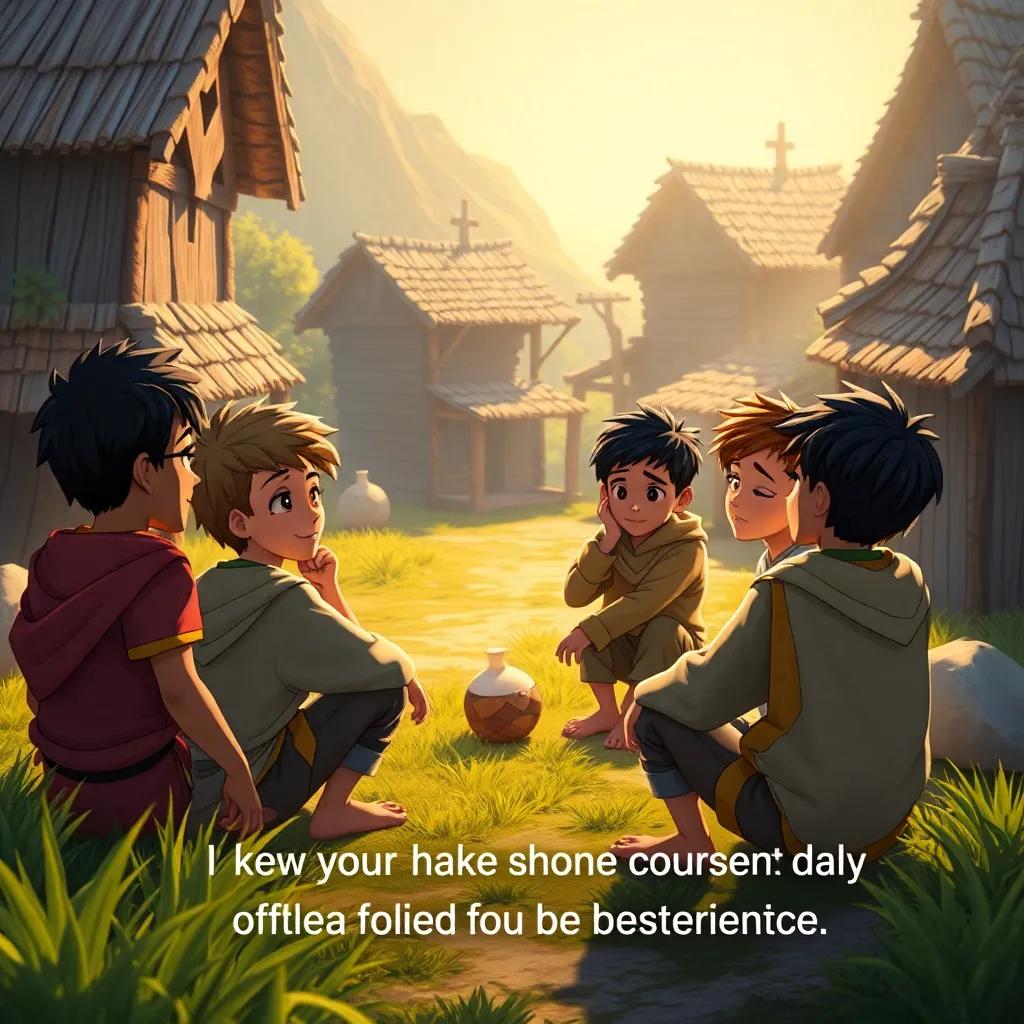 The boys sharing their newfound wisdom about courage and justice, gathered in a circle, surrounded by the village, conveying a message of hope and strength, uplifting digital art, warm light, inspirational tone