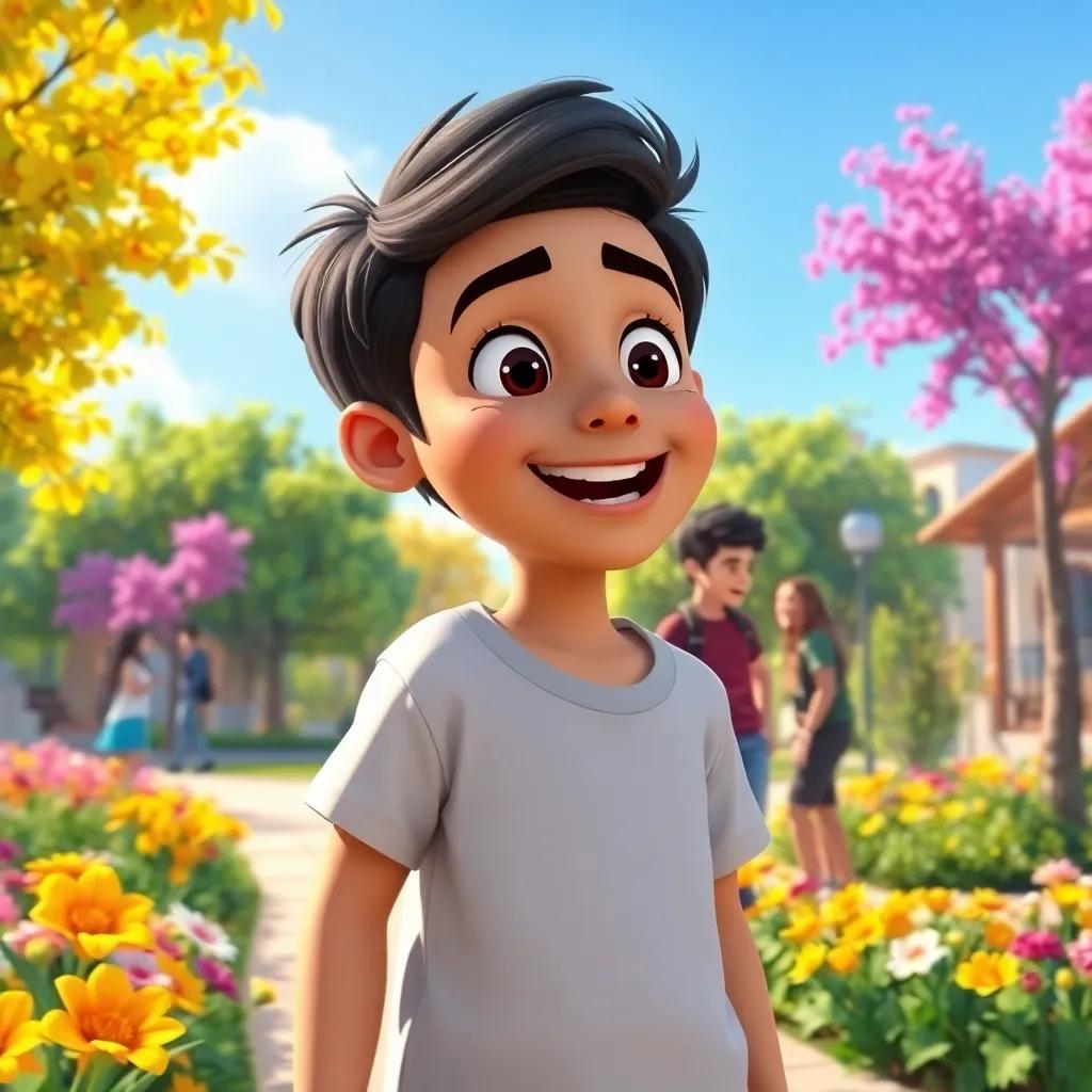 A young Arab boy, Sami, with short dark hair wearing casual clothes, excitedly talking to his friends in a small town park, colorful flowers and trees around, cheerful atmosphere, bright and sunny