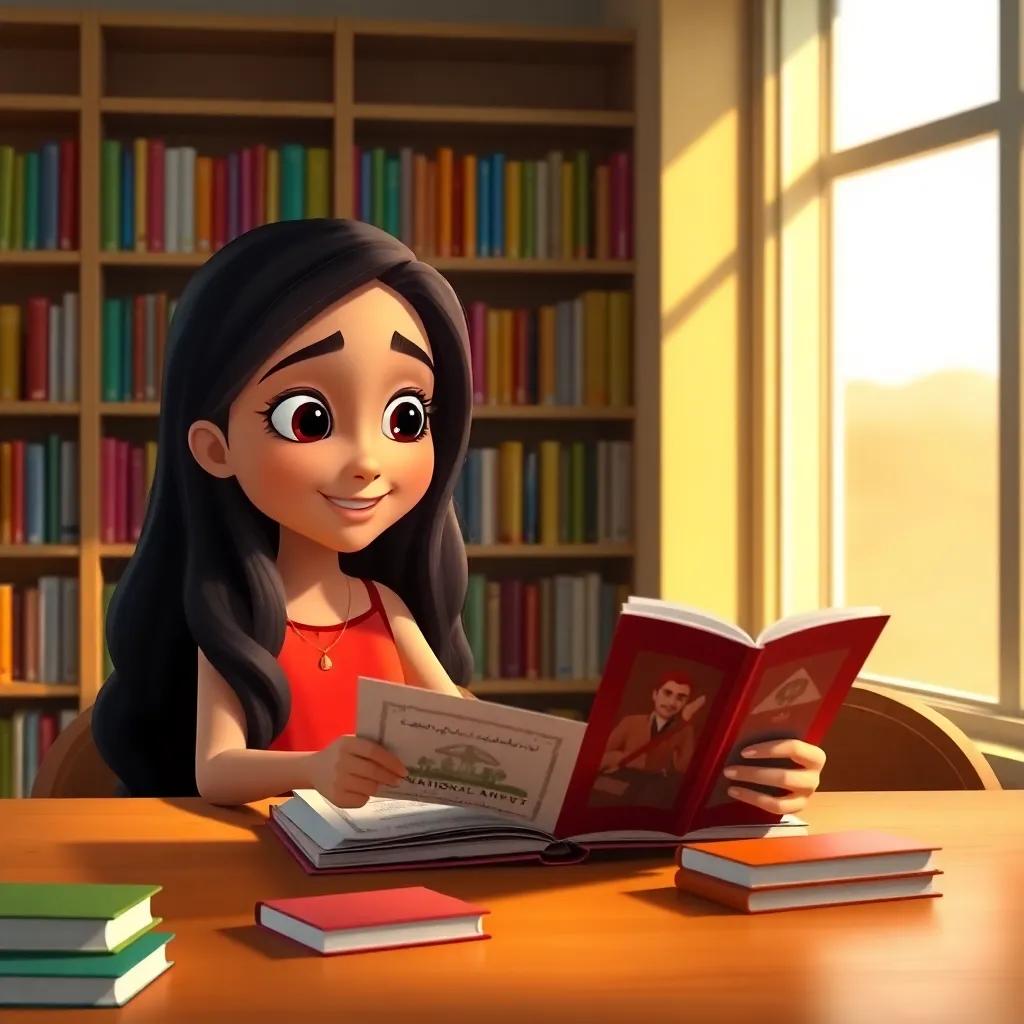 A young Arab girl, Meryam, with long dark hair wearing a bright dress, sitting at a library table with Sami, both looking at a book about the national army, bookshelves filled with colorful books behind them, warm lighting, inviting and friendly atmosphere
