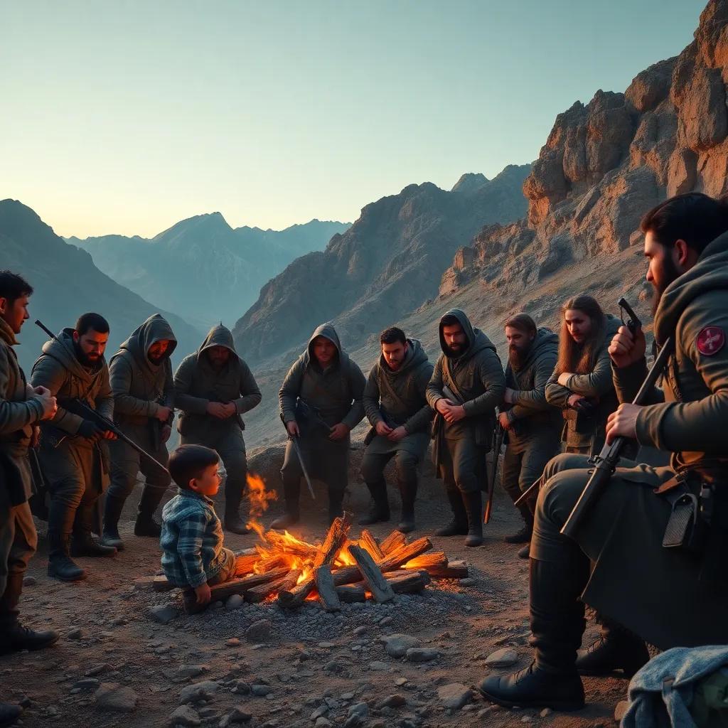 A group of determined fighters gathered around a small fire in the mountainous region of the Aurès, with rugged terrains in the background, digital art, warm light, a firm and hopeful atmosphere, high quality