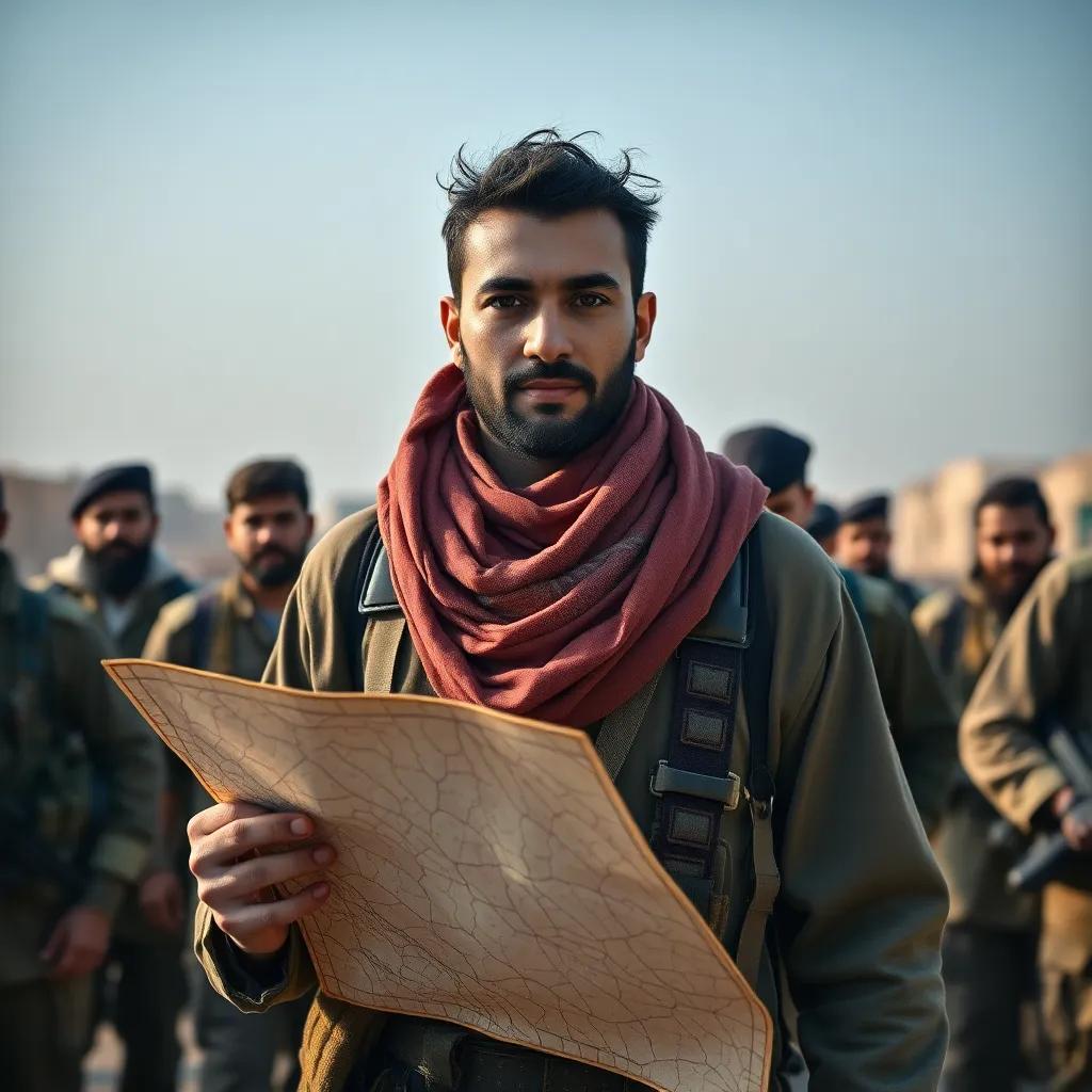 A brave fighter, Omar, standing confidently with a rough map in his hand, wearing simple military attire with a scarf, surrounded by fellow fighters preparing for a mission, cinematic perspective, rich colors, immersive high detail