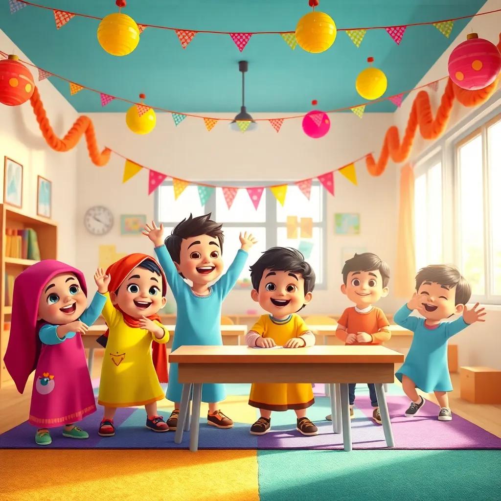 A classroom with young Arabic children joyfully playing together under colorful decorations, light streaming through the windows, cheerful atmosphere, digital art, bright colors, child-friendly