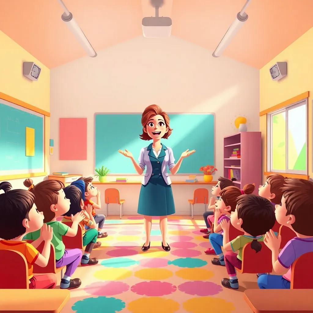 A teacher standing in the middle of a colorful, vibrant classroom, singing to children who are clapping and smiling, lots of natural light, joyful energy, illustration, warm colors, high quality
