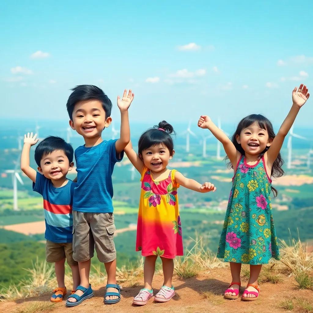 A group of excited children, including a boy named يوسف with short black hair wearing a blue t-shirt, a girl named ليلى with brown hair wearing a colorful dress, standing on a hilltop overlooking a valley with wind turbines in the background, vibrant colors, cheerful atmosphere, digital art, high quality