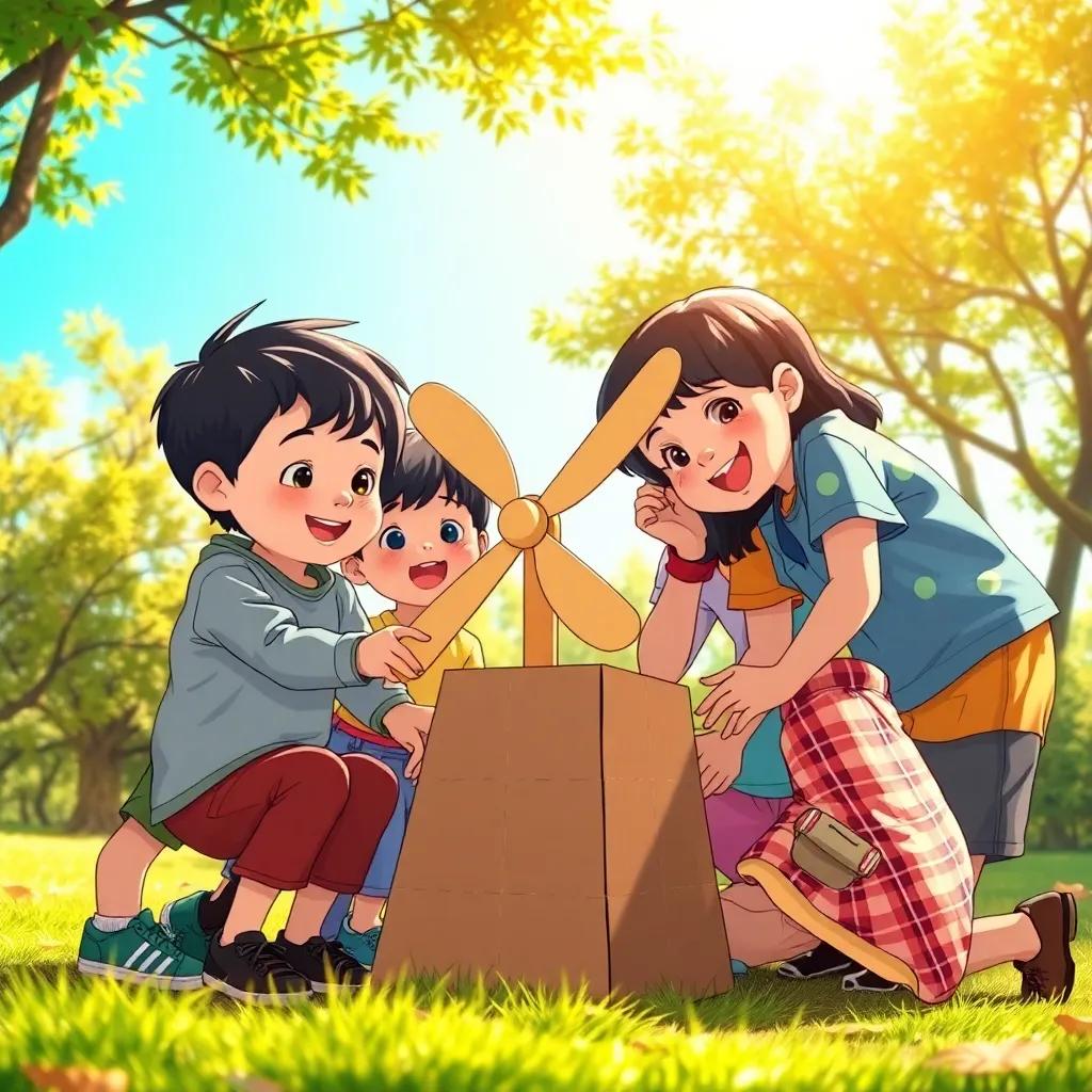 A group of children, including يوسف with short black hair and ليلى wearing colorful clothes, building a cardboard wind turbine together in a sunny environment, surrounded by trees, bright sunshine, playful mood, child-friendly, illustration, high quality