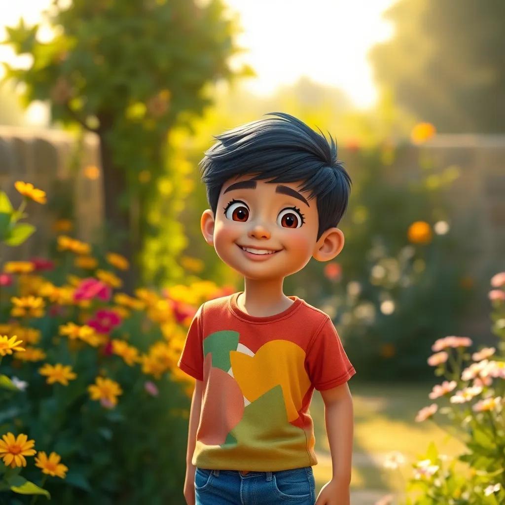 A young Arab boy, Sami, with short black hair, wearing a colorful t-shirt and denim shorts, standing in a sunny garden with flowers, smiling and excited, warm sunlight, vivid colors, joyful atmosphere, detailed digital art