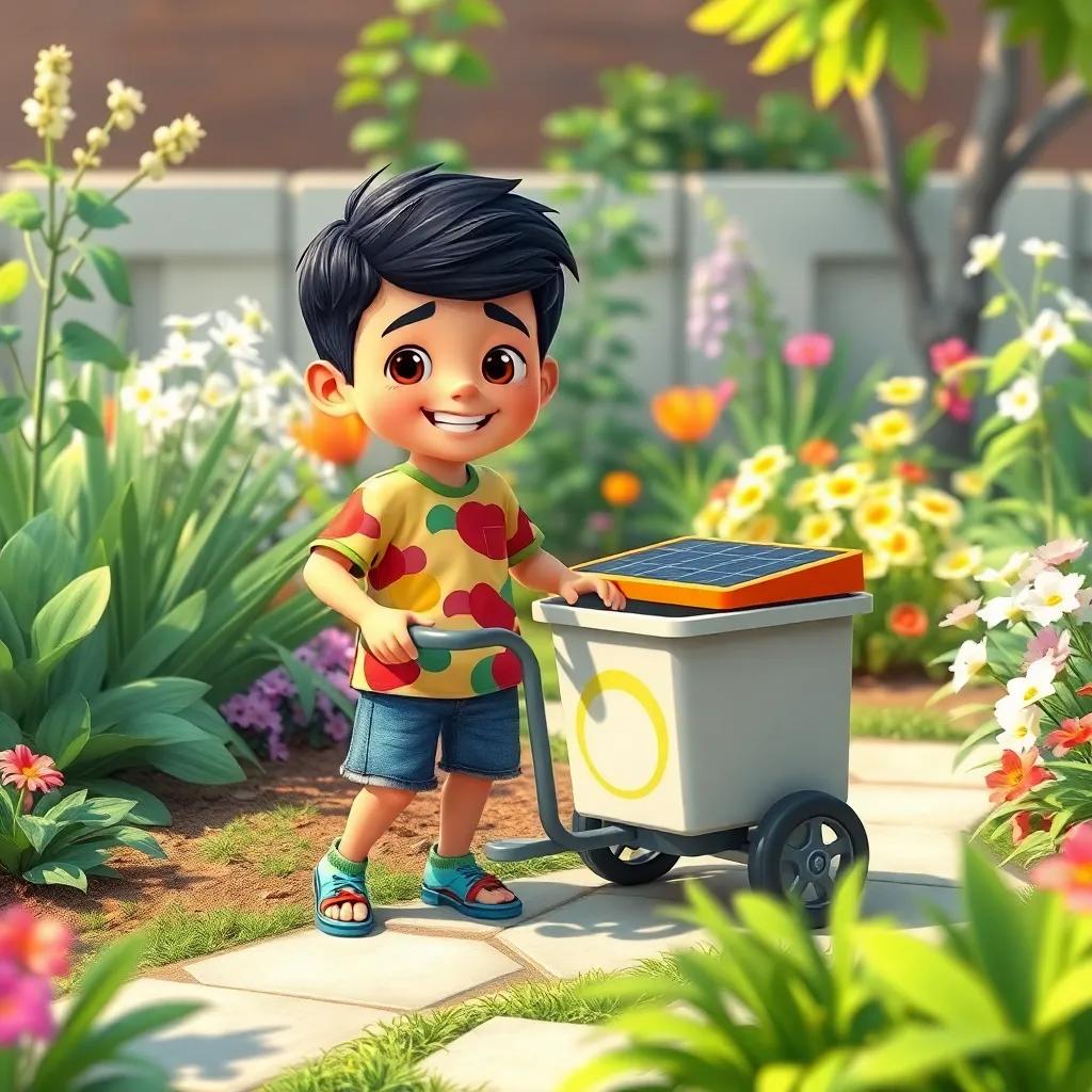 Sami, a young Arab boy with short black hair in a colorful t-shirt and denim shorts, using a mini solar-powered cart to collect trash in a garden, surrounded by plants and flowers, bright and cheerful, giving a helping hand, digital illustration, friendly and inviting