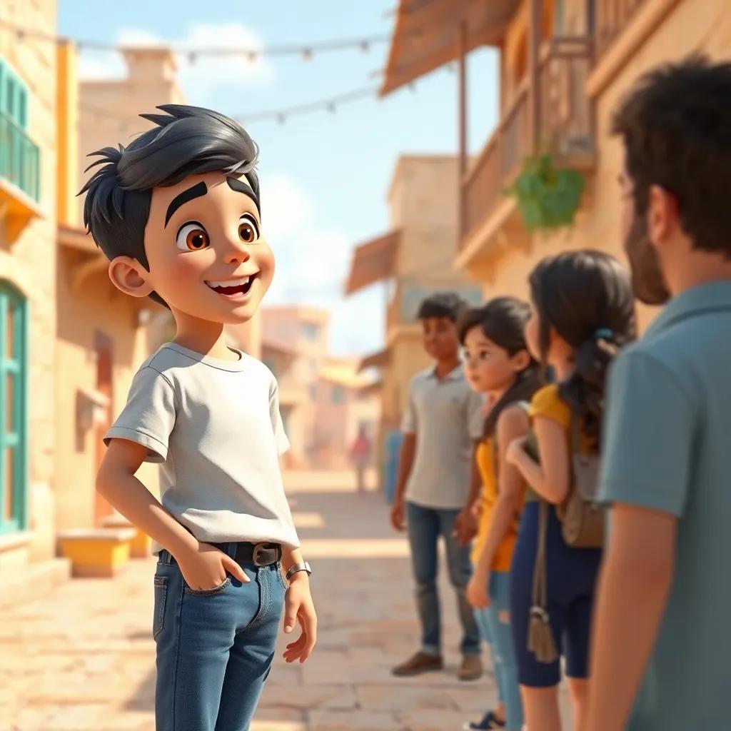 A young Arab boy, Samer, with short black hair wearing a simple t-shirt and jeans, excitedly talking to friends in a sunny village, cheerful atmosphere, digital art, bright colors, engaging perspective, high quality