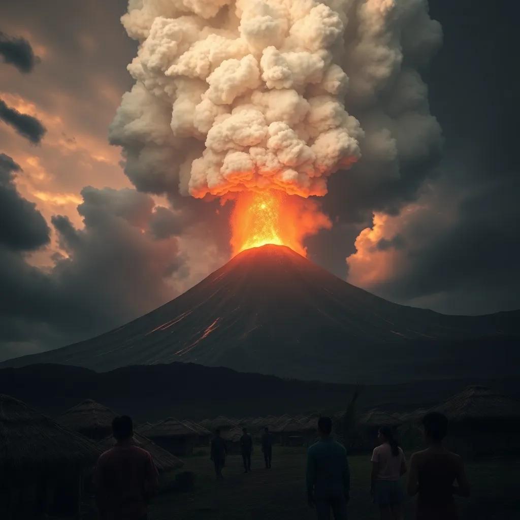 A dramatic view of Mount Tambora erupting, with ash clouds filling the sky, villagers looking up in awe and fear, showing the power of nature, artistic style, dark colors, intense lighting, wide perspective, striking image
