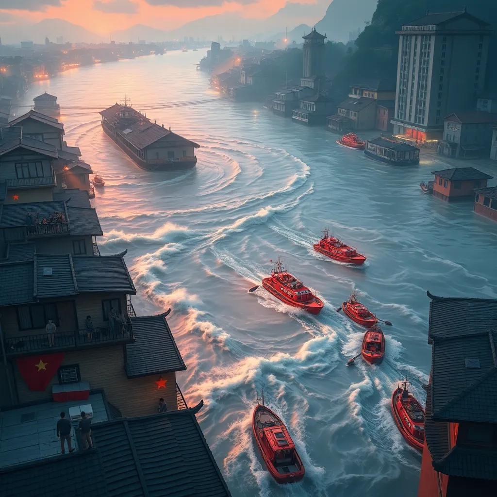 A massive flood scene in China, with the Yangtze River overflowing, people on rooftops looking worried, rescue boats in action, illustrative style, dramatic colors, urgent atmosphere, high perspective, impactful image