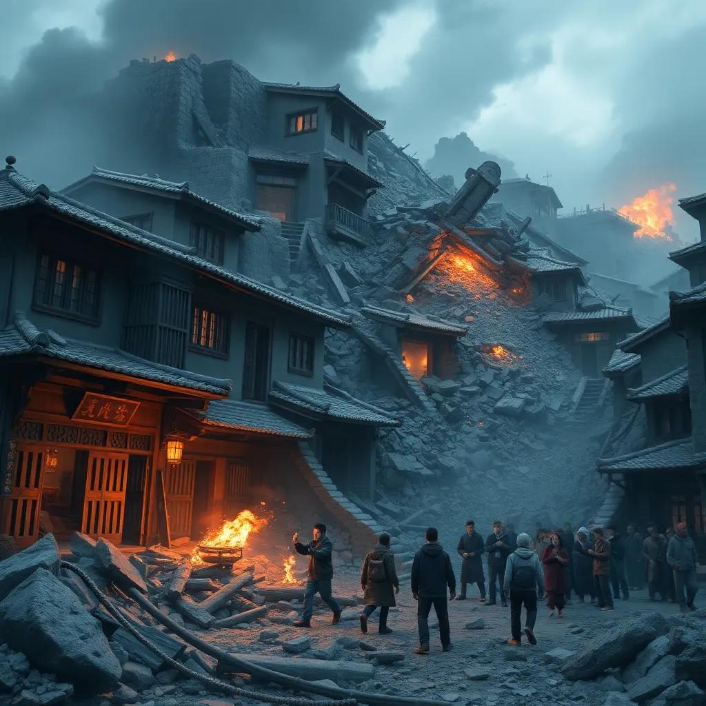 A destructive earthquake scene in Shanxi, with ancient homes collapsing, people crying for help, illustrating the chaos, realistic style, dark colors, intense shadows, close-up view, powerful image