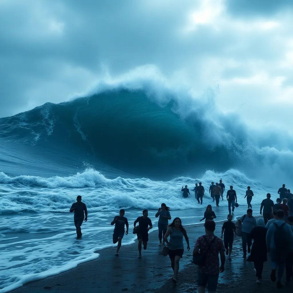 A terrifying tsunami wave crashing towards the shore, people screaming and running, showcasing the disaster's impact, dramatic style, dark and blue shades, chaotic atmosphere, wide shot, intense quality