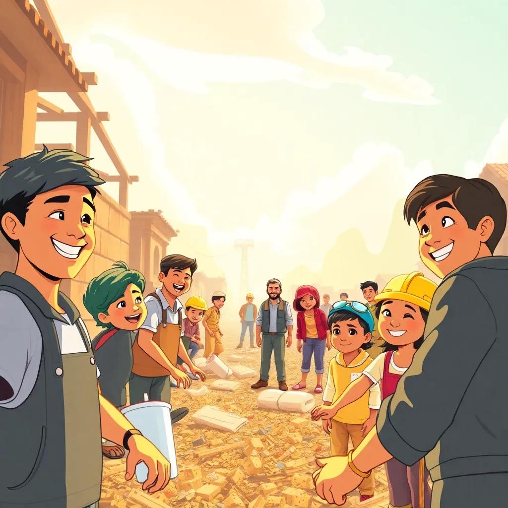 A bright scene of a community rebuilding after a disaster, people working together, smiles on faces, showing resilience, optimistic style, warm colors, uplifting mood, mid shot, hopeful quality