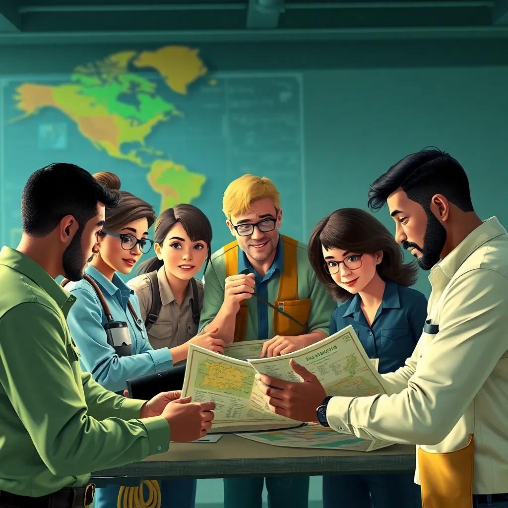 A group of people strategizing disaster response, with maps and tools, determination on their faces, collaborative atmosphere, professional style, detailed colors, focused lighting, dynamic perspective, high quality