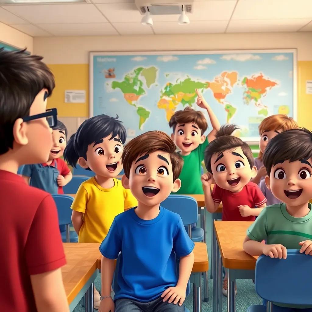 A classroom scene where young students are learning about natural disasters, maps on the walls, excited and engaged expressions, educational style, vibrant colors, inviting environment, child-friendly perspective, clear quality