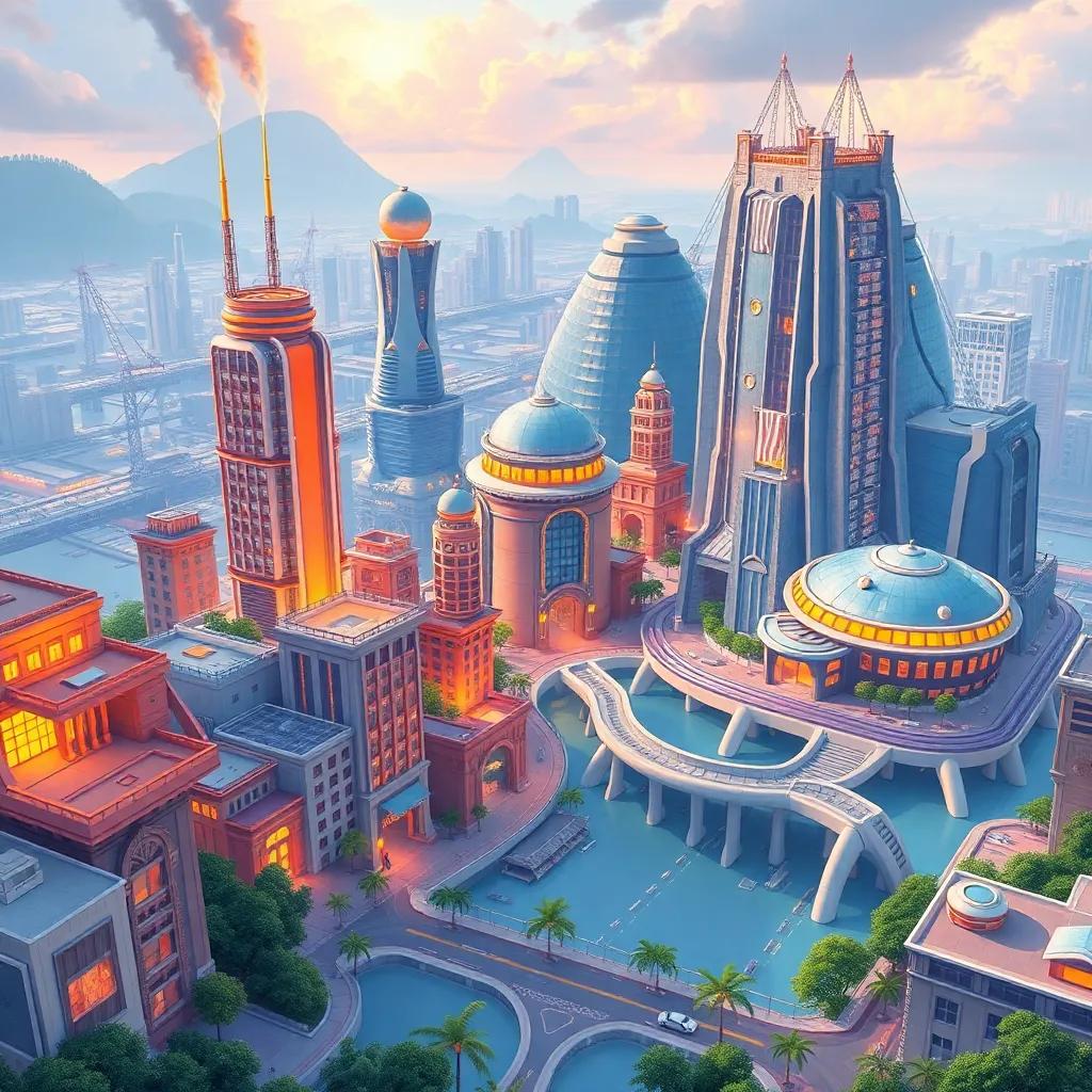 A futuristic city planning against natural disasters, buildings with strong structures, teamwork illustrated, bright hopeful colors, forward-looking atmosphere, panoramic view, innovative quality
