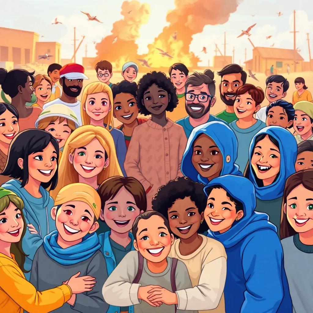 A montage of people helping each other during disasters, unity and teamwork displayed, diverse faces smiling, hopeful style, bright and warm colors, connected atmosphere, heartwarming composition, high quality