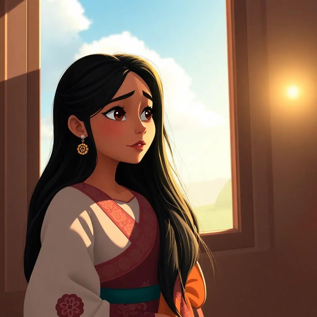 A heartbroken woman named Fatima, with long black hair and traditional clothing, standing by a window with tears in her eyes, looking out into a sunny day, digital art, warm colors, hopeful atmosphere, high quality