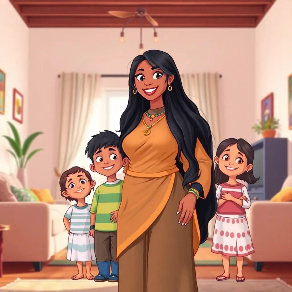 A strong woman named Fatima, with long black hair in traditional clothes, standing proudly with her four children in a bright, cheerful living room, smiling despite challenges, illustration, vibrant colors, uplifting vibe, high quality