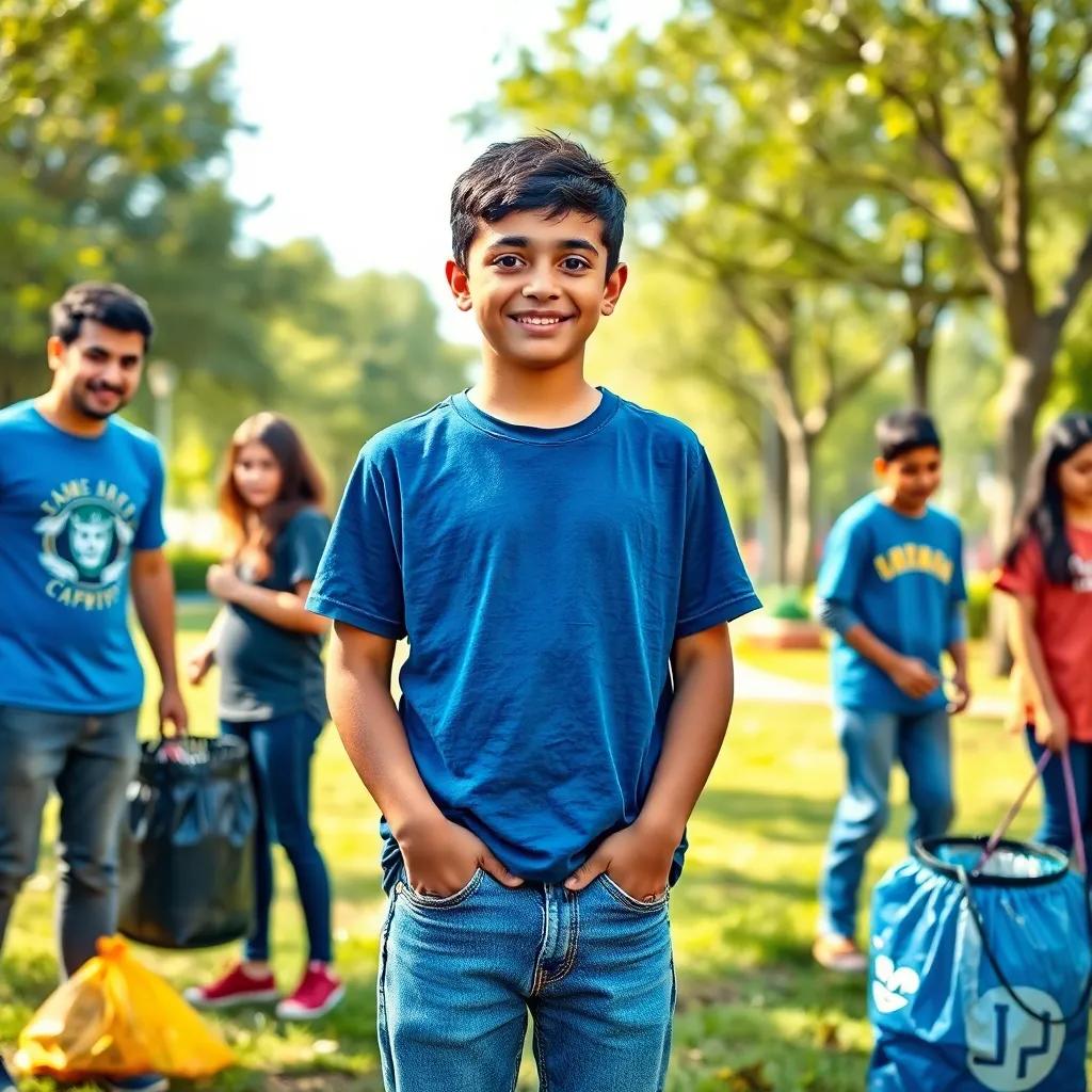 A young Arab boy, Samer, with short black hair wearing a blue t-shirt and jeans, standing in a park with his friends collecting trash, smiling and determined, vibrant colors, joyful scene, community engagement, digital art, cheerful atmosphere