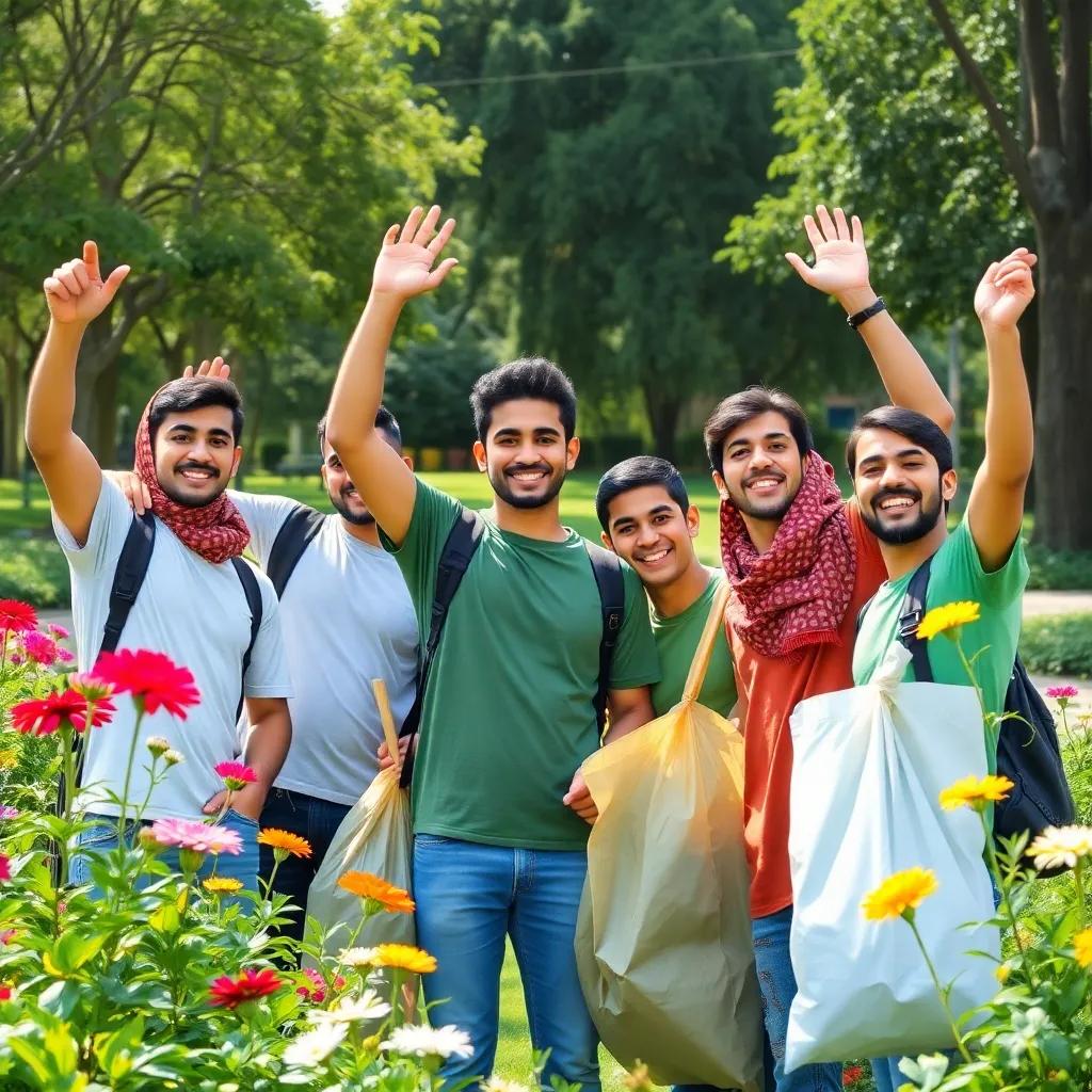 A group of young Arab friends, including Samer, celebrating their cleanup effort in a green park, with flowers and trees around, looking happy and proud, bright colors, uplifting scene, digital painting, sense of achievement