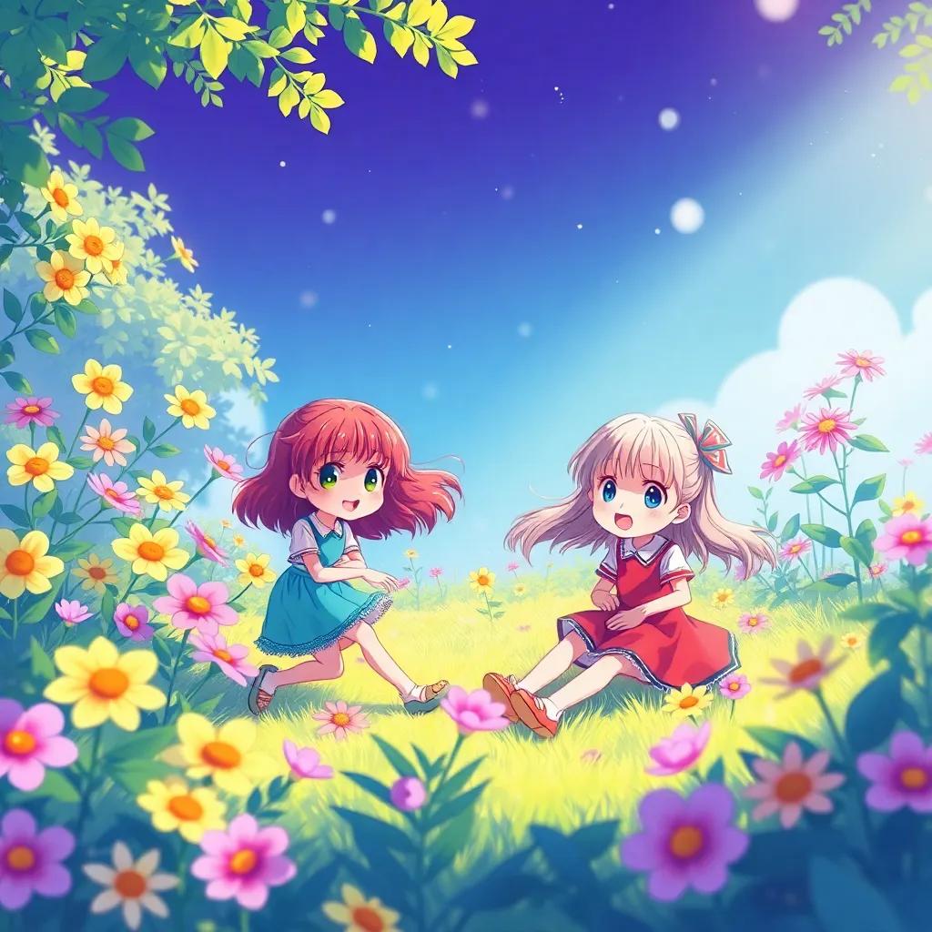 Two girls, Ella and Juri, playing in a garden with bright flowers and a serene atmosphere, vivid colors, cheerful expressions, illustration, child-friendly